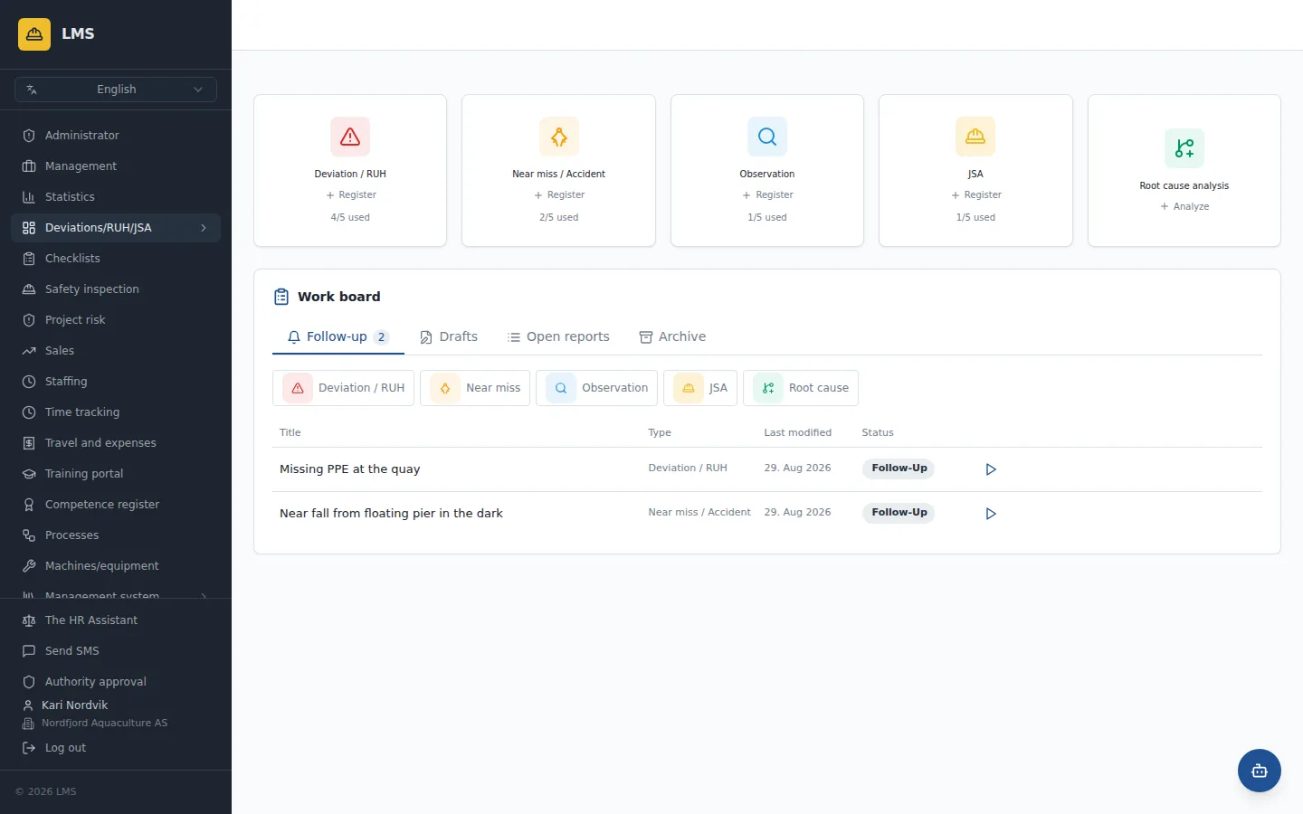 The work board — what needs follow-up today, one click from each module. Sample data.